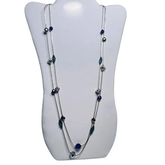 Double Strand Gold Tone Necklace With Cobalt Blue Aqua & Clear Beads (5603) - Picture 1 of 6